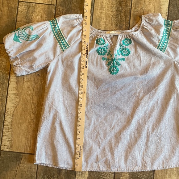 Coverstitched Embroidered Women's Top - Gray with Teal Accents - Picture 11 of 11